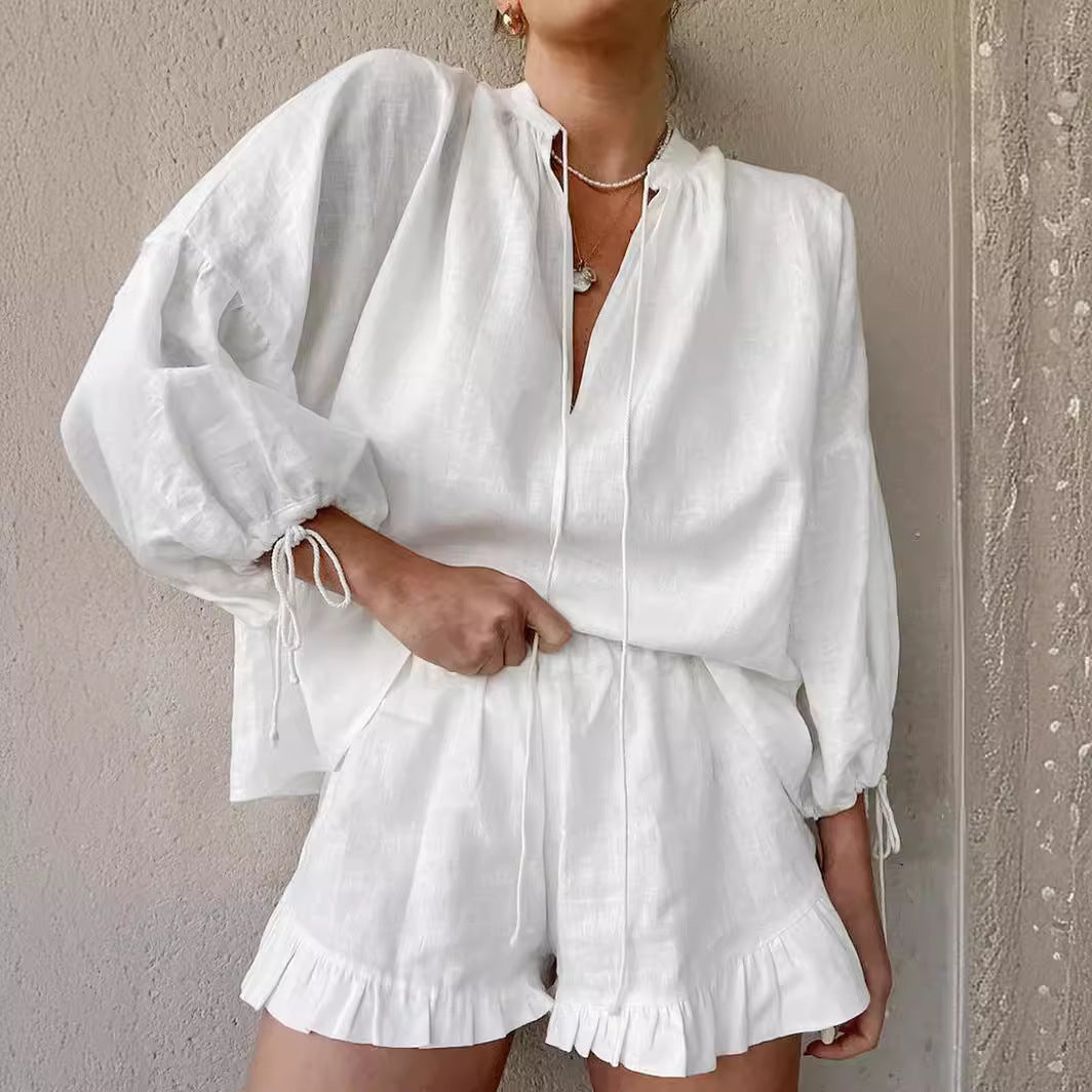 Cotton Linen Balloon Sleeve Tie Front Shorts Set