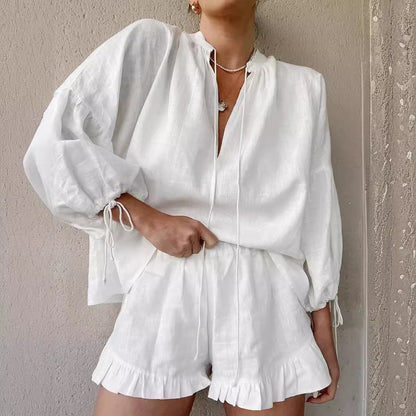 Cotton Linen Balloon Sleeve Tie Front Shorts Set