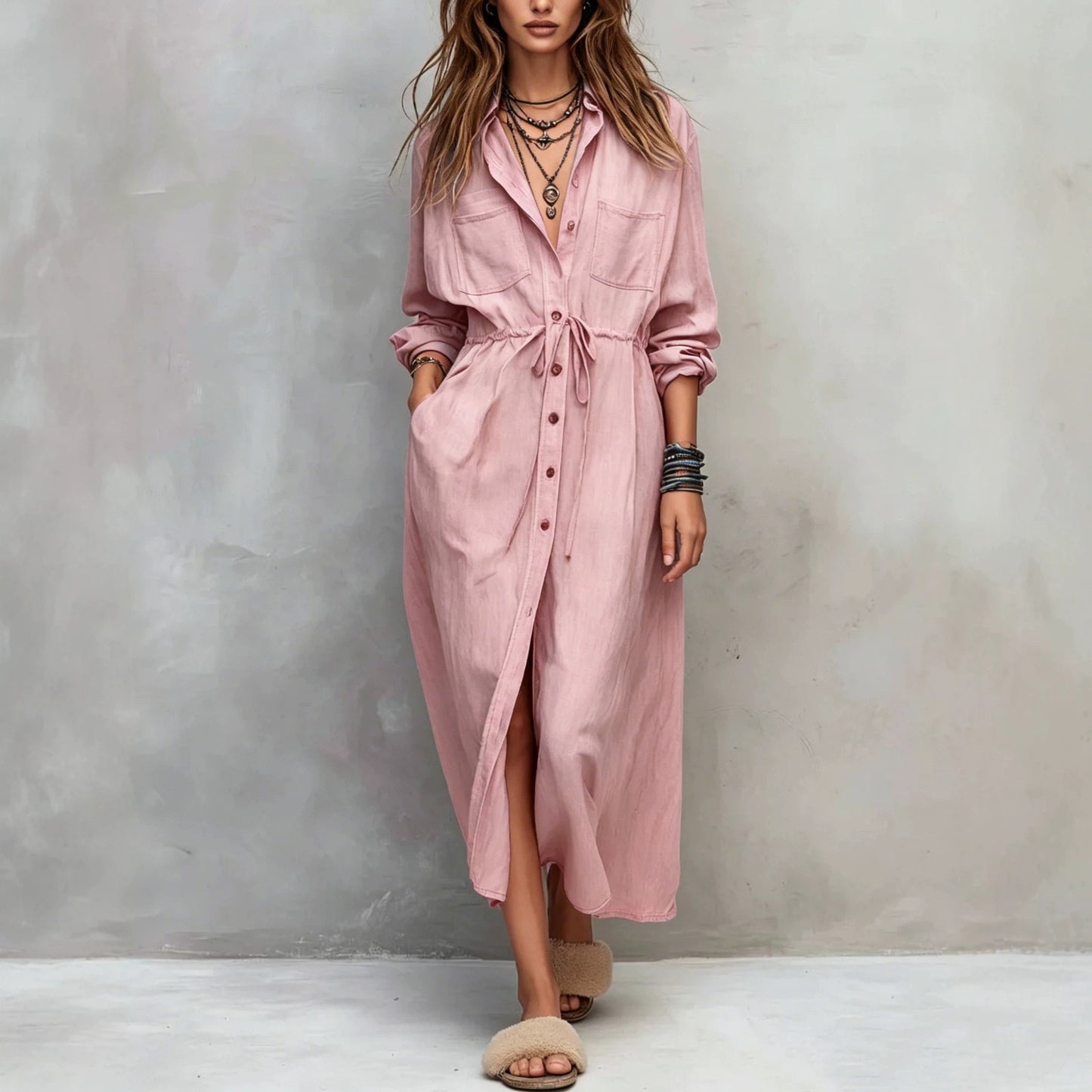 Women Long Sleeve Button Down Shirt Dress Drawstring Midi