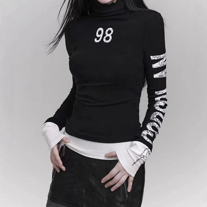 Women's Streetwear Graphic Turtleneck Slim Long Sleeve Top