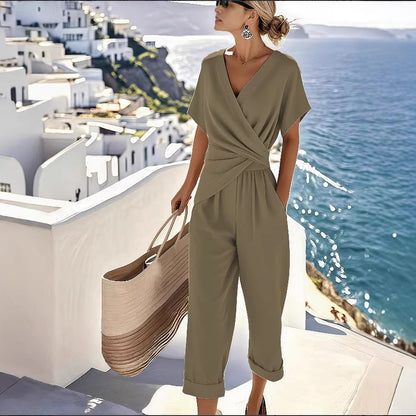 Women V Neck Wrap Wide Leg Jumpsuit Summer Elegant Outfit