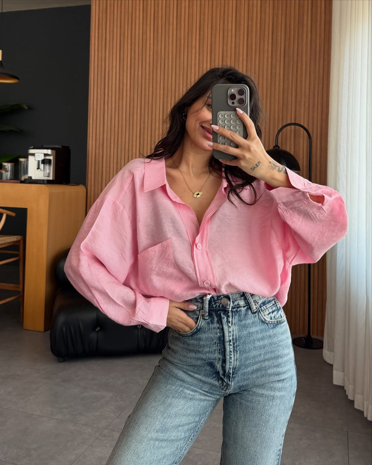 Women's Oversized Collared Pocket Button Down Shirt