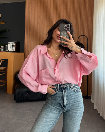 Women's Oversized Collared Pocket Button Down Shirt