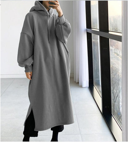 Oversized Fleece Maxi Hoodie Dress Side Slit Pullover