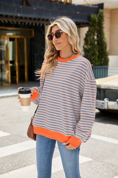 Striped Color Block Crew Neck Loose Fit Long Sleeve Sweatshirt