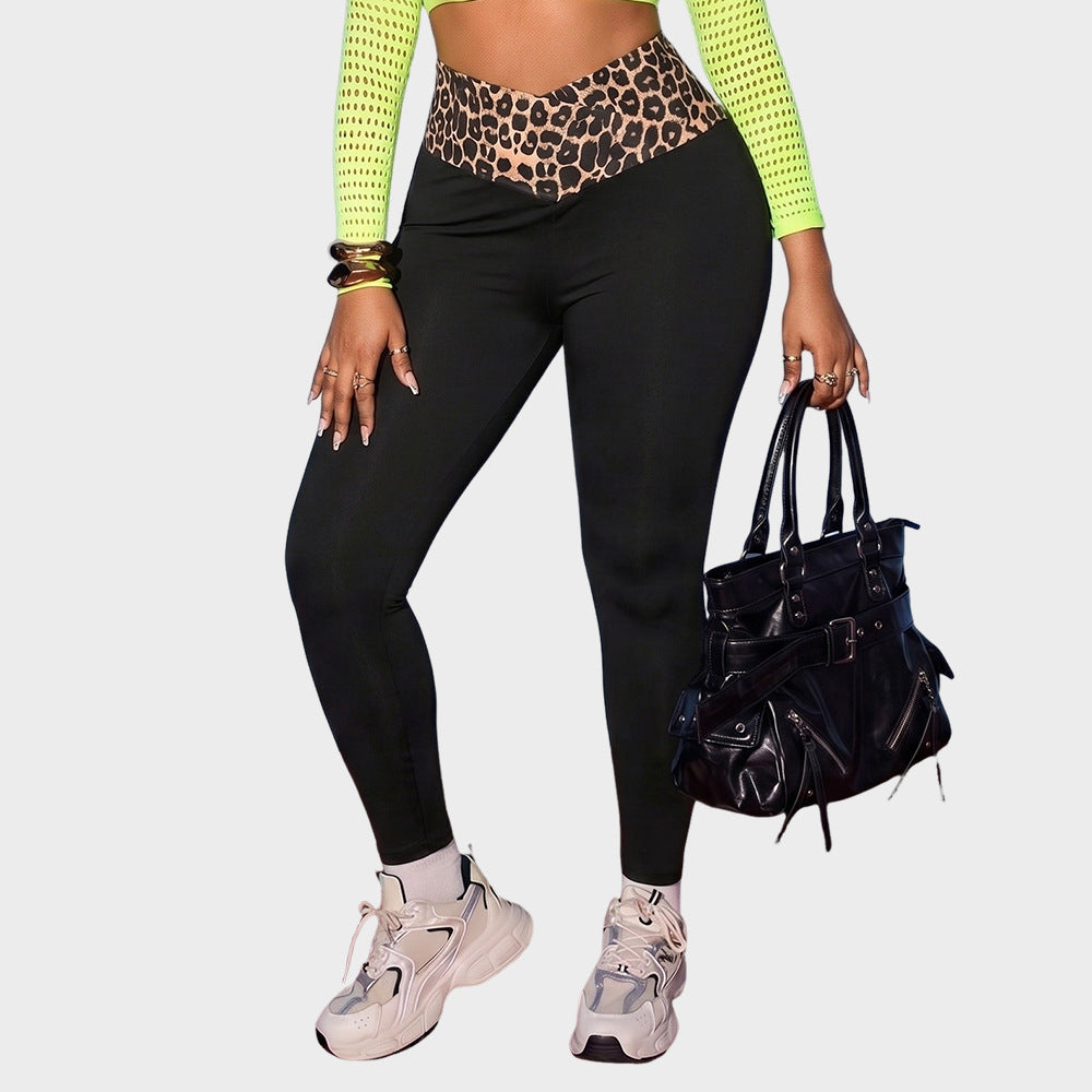 High Waist Leopard Panel Crossover Stretch Leggings