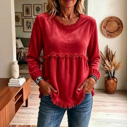 Women's Velvet Fringe Trim Long Sleeve Casual Top