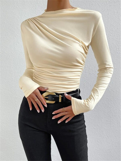 Women's Ruched Mock Neck Long Sleeve Fitted Top