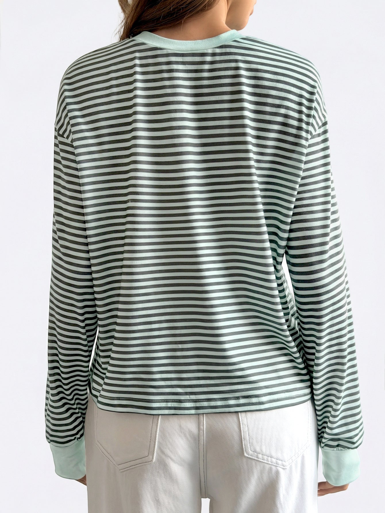 Pink Black Striped Long Sleeve Crew Neck Casual Tee