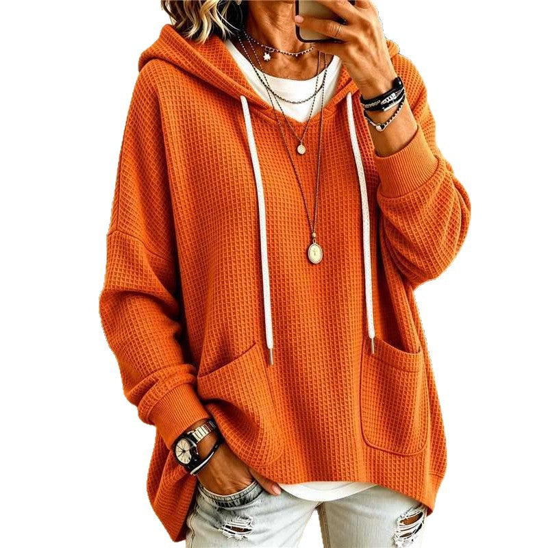 Women's Oversized Waffle Knit Hoodie Drawstring Pullover