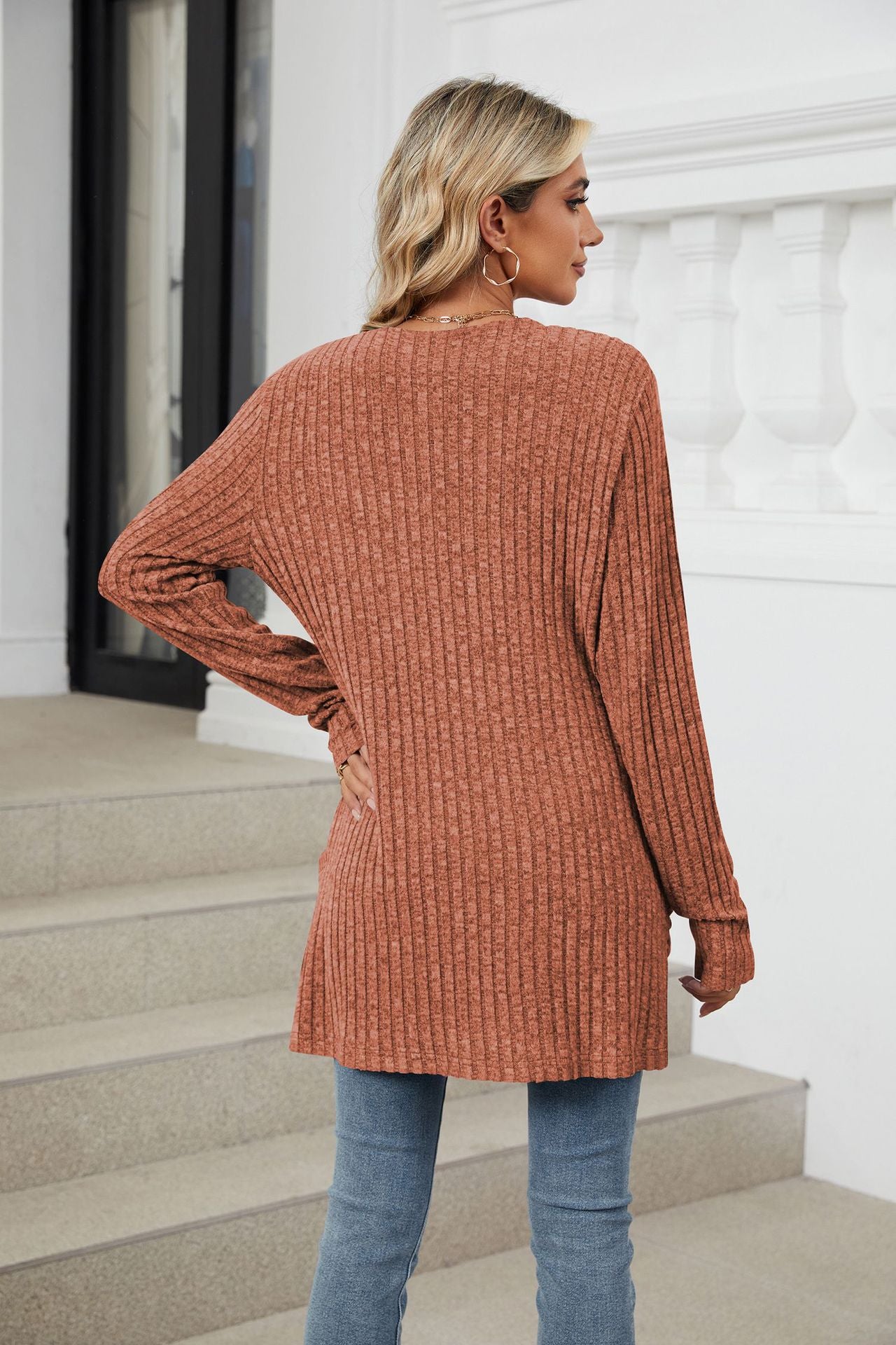 Orange red Ribbed Knit Long Sleeve Cardigan with Side Pockets