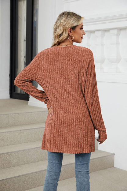 Orange red Ribbed Knit Long Sleeve Cardigan with Side Pockets