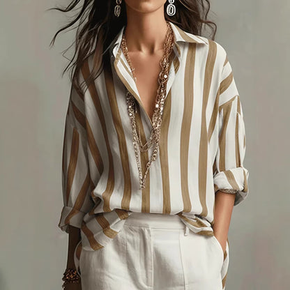 Women's Oversized Striped Collared Shirt Long Sleeve