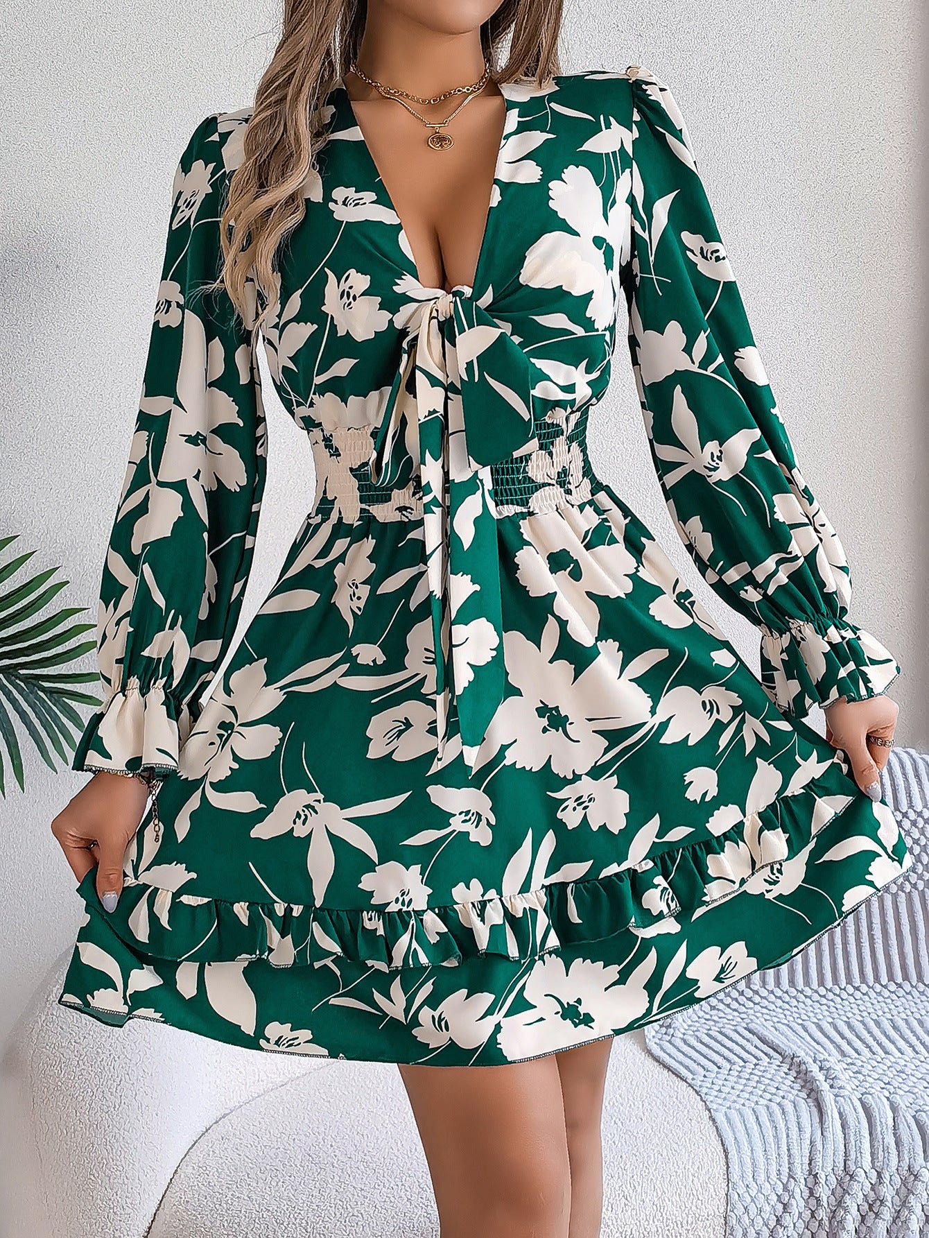 Floral V Neck Long Sleeve Ruffle Mini Dress