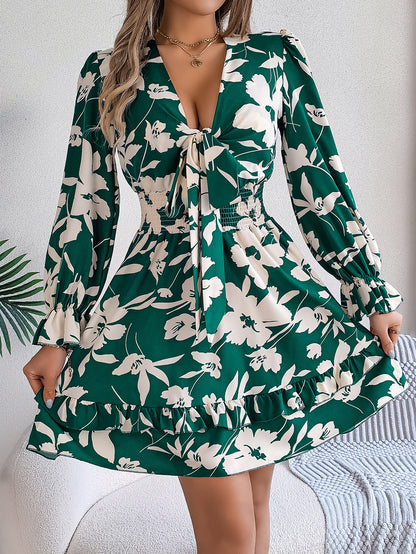 Floral V Neck Long Sleeve Ruffle Mini Dress