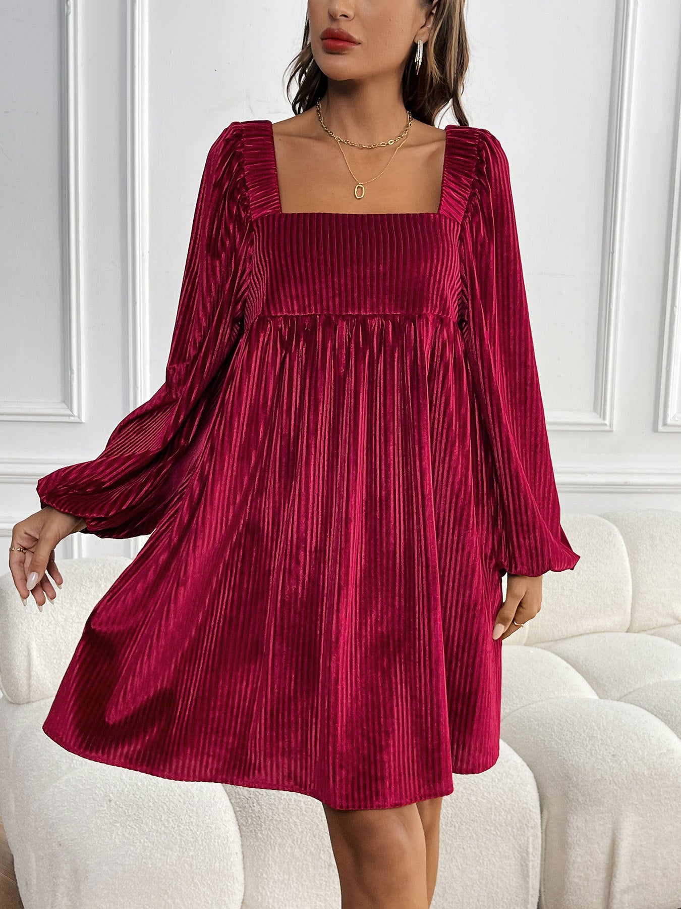 Velvet Babydoll Mini Dress Square Neck Holiday Party Dress
