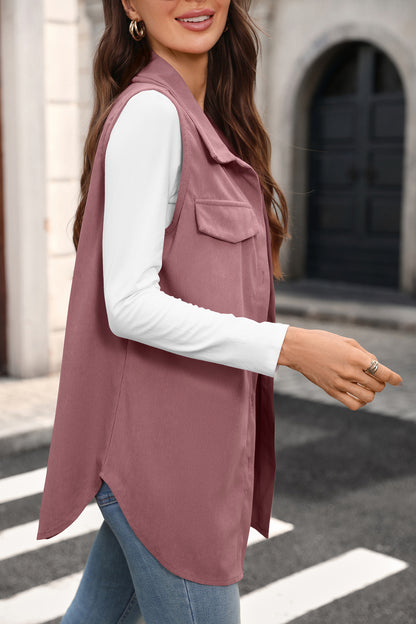 Corduroy Vest Button Front Sleeveless Longline Jacket