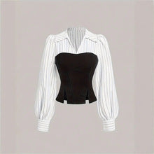 Striped Colorblock Corset Blouse Collared Puff Sleeve Top