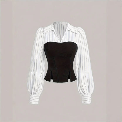 Striped Colorblock Corset Blouse Collared Puff Sleeve Top