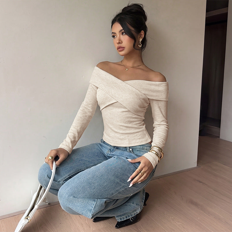 Off Shoulder Wrap Top Long Sleeve Fitted Knit