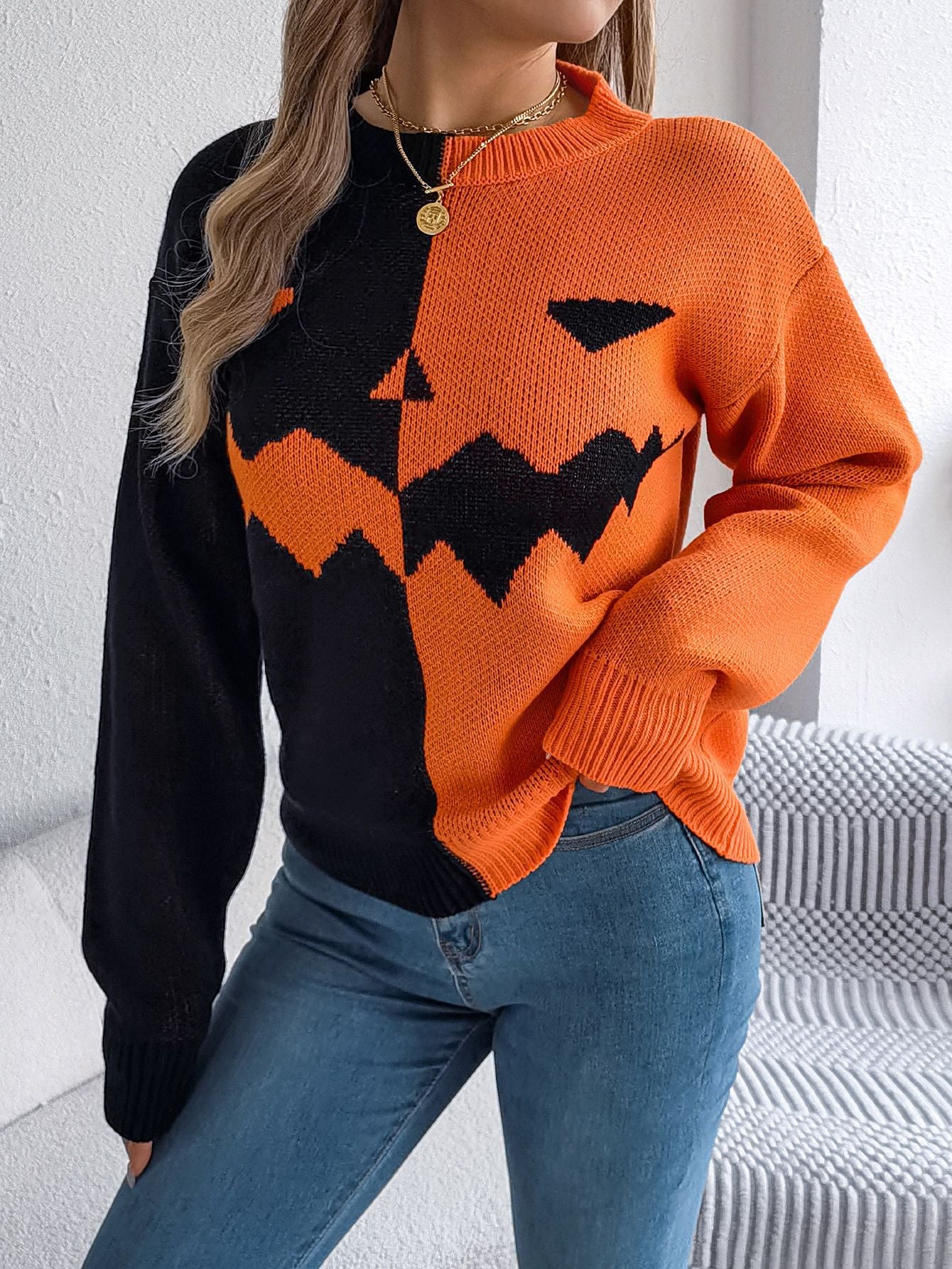 Ghost Pumpkin Colorblock Long Sleeve Sweater for Fall & Halloween