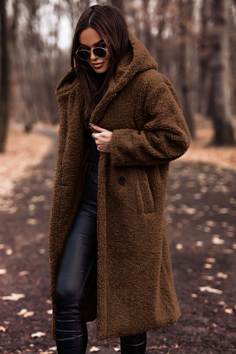 Hooded Sherpa Fleece Long Coat with Pockets