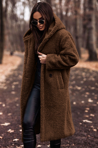 Hooded Sherpa Fleece Long Coat with Pockets