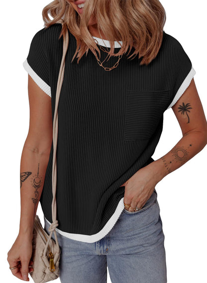 Women's Ribbed Color Block Pocket Tee Short Sleeve