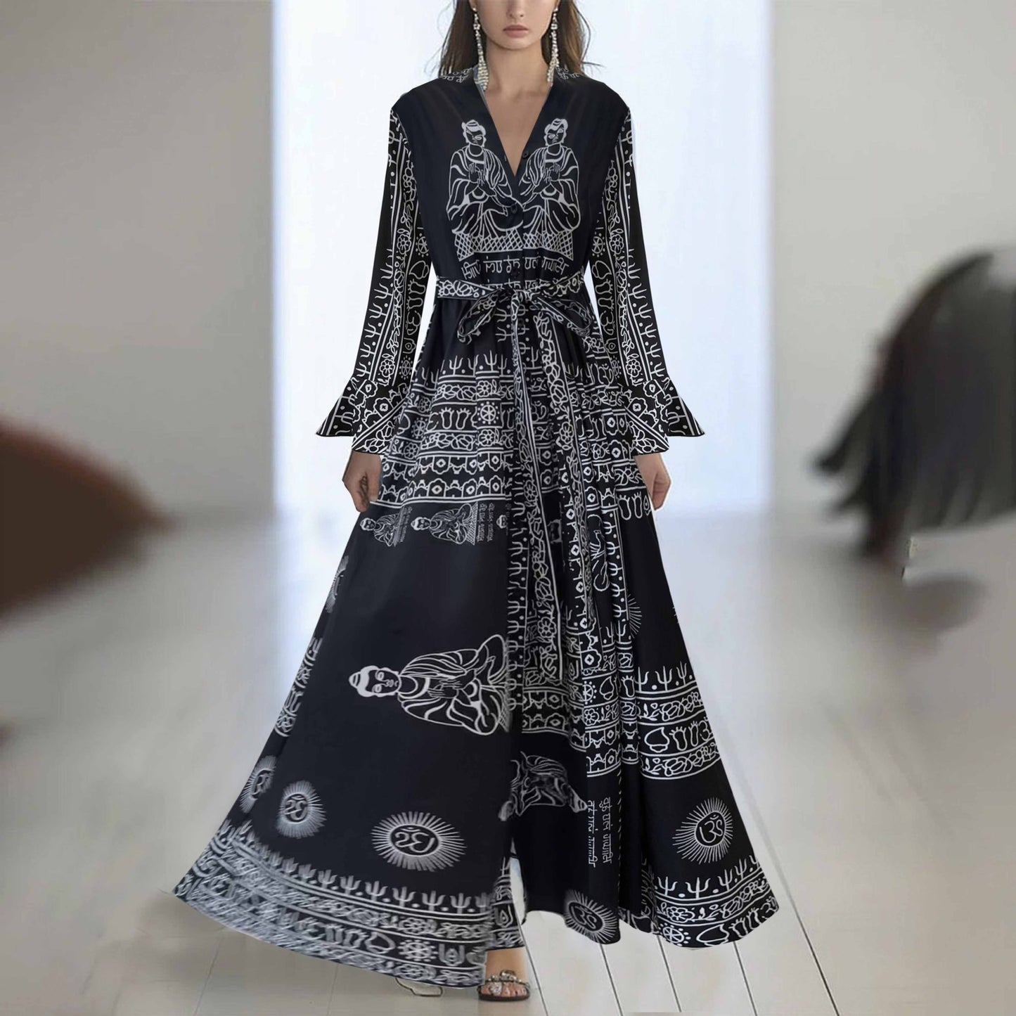 Floral Chiffon Maxi Dress Long Sleeve V-Neck Belted