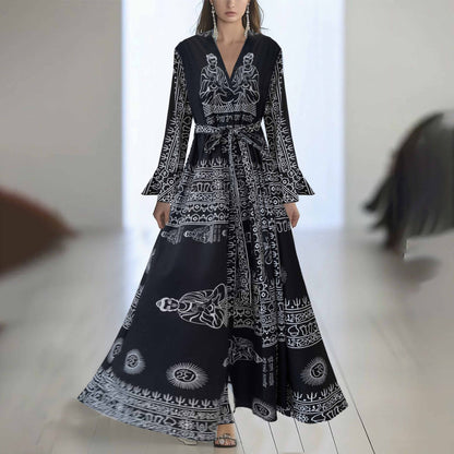 Floral Chiffon Maxi Dress Long Sleeve V-Neck Belted