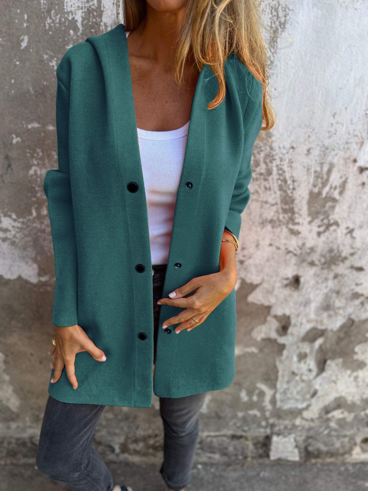 Women's Hooded Coat Button Front Mid Length Casual