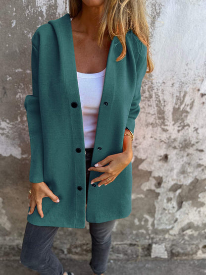 Women's Hooded Coat Button Front Mid Length Casual