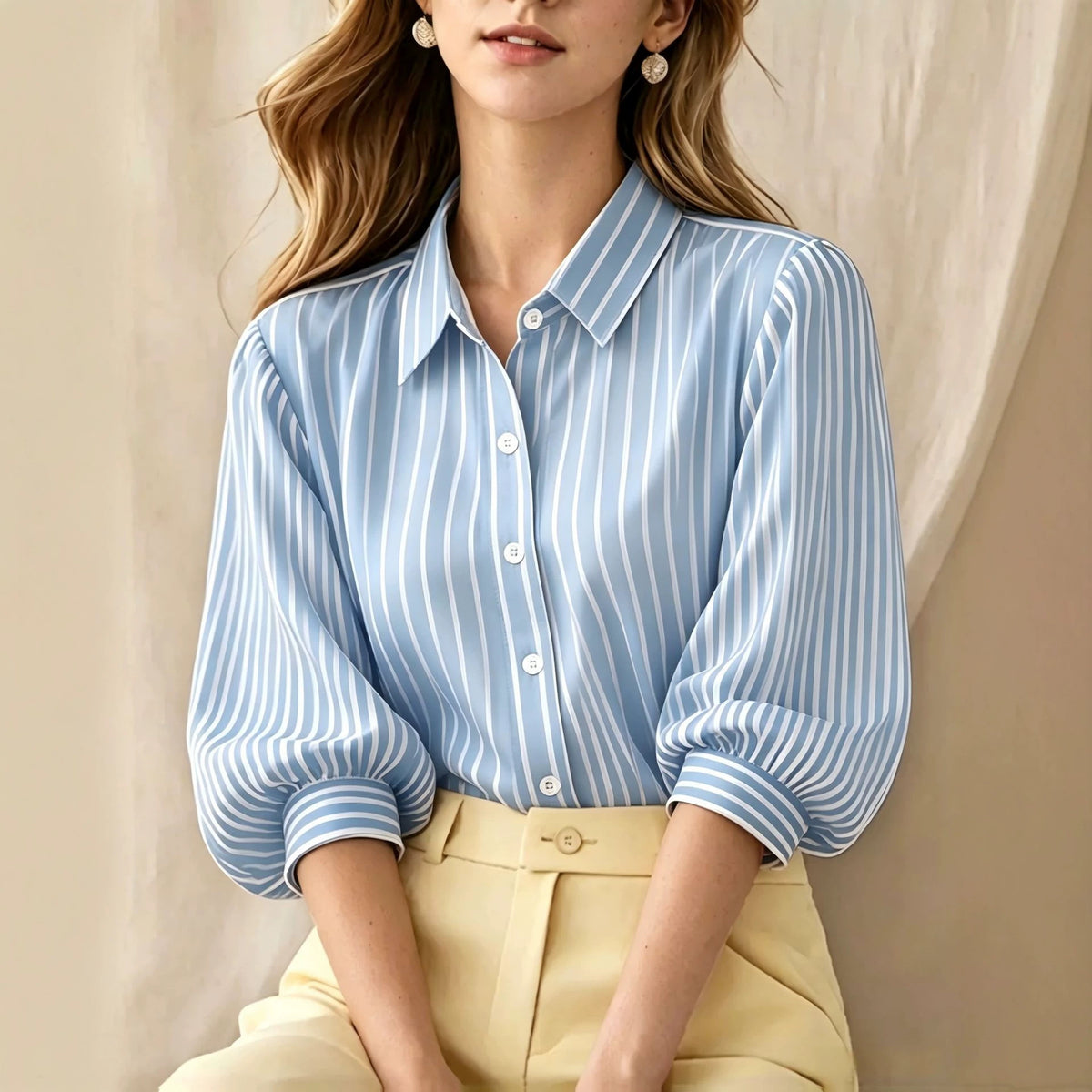Striped Puff Sleeve Collared Workwear Blouse