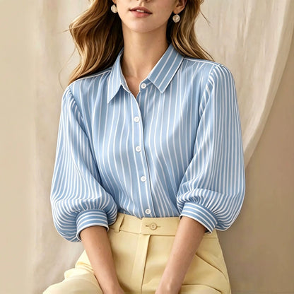 Striped Puff Sleeve Collared Workwear Blouse