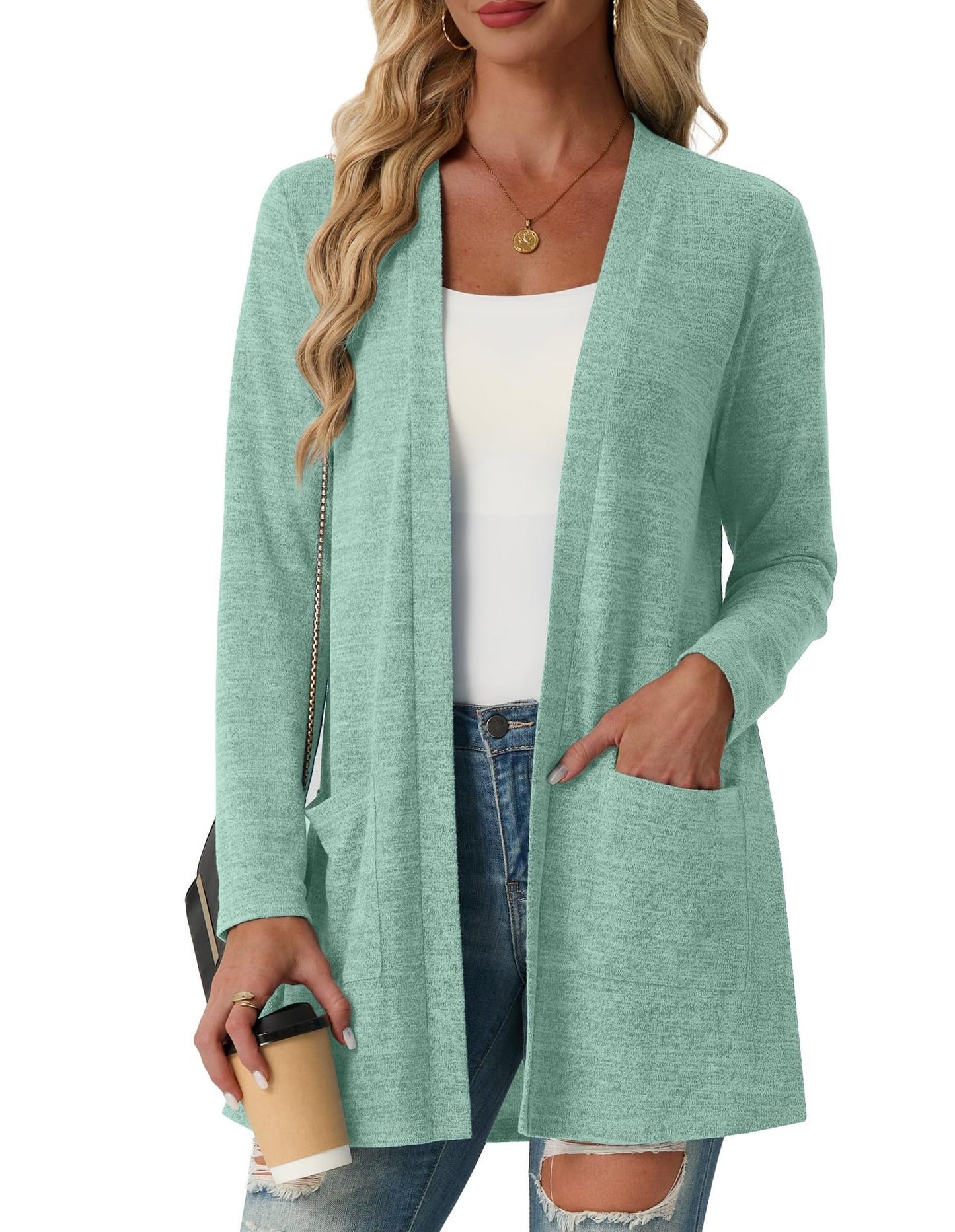 Women's Open Front Knit Cardigan with Pockets Long Sleeve