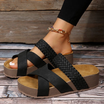 Black Braided Detail Criss Cross Platform Slippers