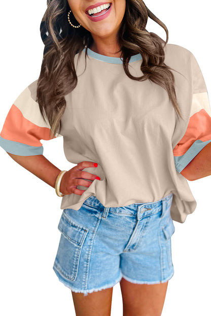 Colorblock Cotton Tee Loose Crew Neck Short Sleeve