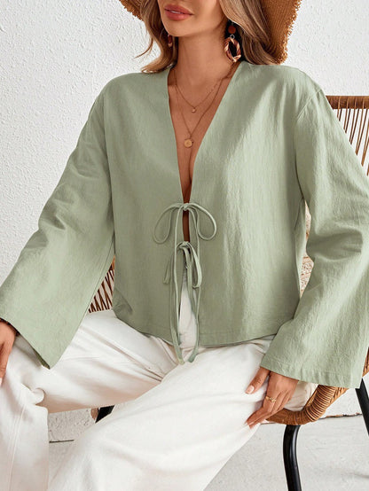 Women's Tie Front V Neck Bell Sleeve Blouse Top