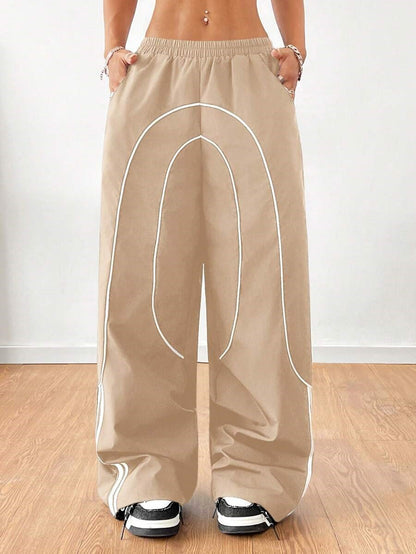 Women Baggy Wide Leg Pants Contrast Trim Low Rise Y2K