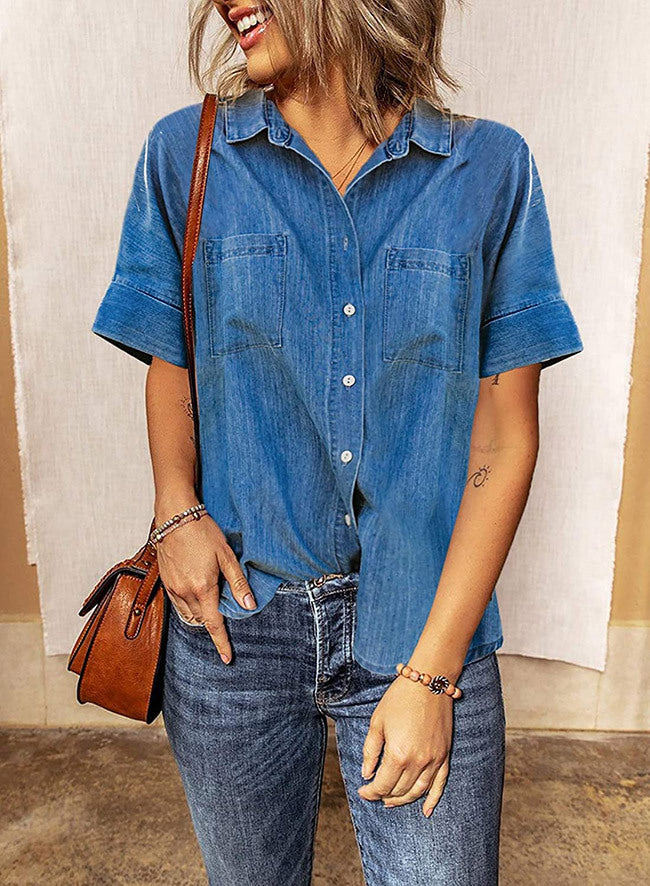 Loose Fit Denim Shirt Women Collared Short Sleeve Top
