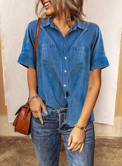 Loose Fit Denim Shirt Women Collared Short Sleeve Top