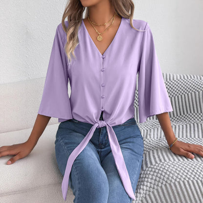 Women's V Neck Button Down Tie Front 3/4 Sleeve Blouse