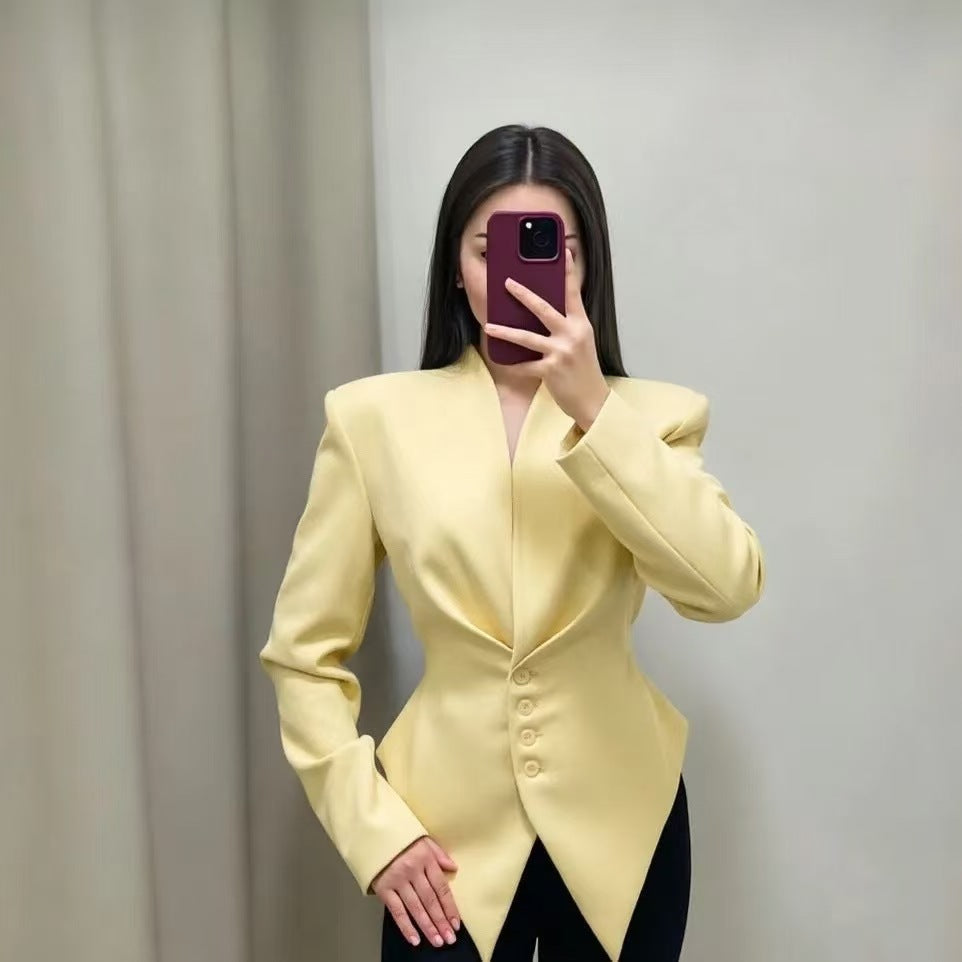 Women's V-Neck Cinched Waist Blazer Asymmetric Hem