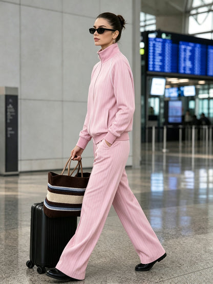 Women's Striped Zip Up Jacket Wide Leg Pants 2 Piece Set