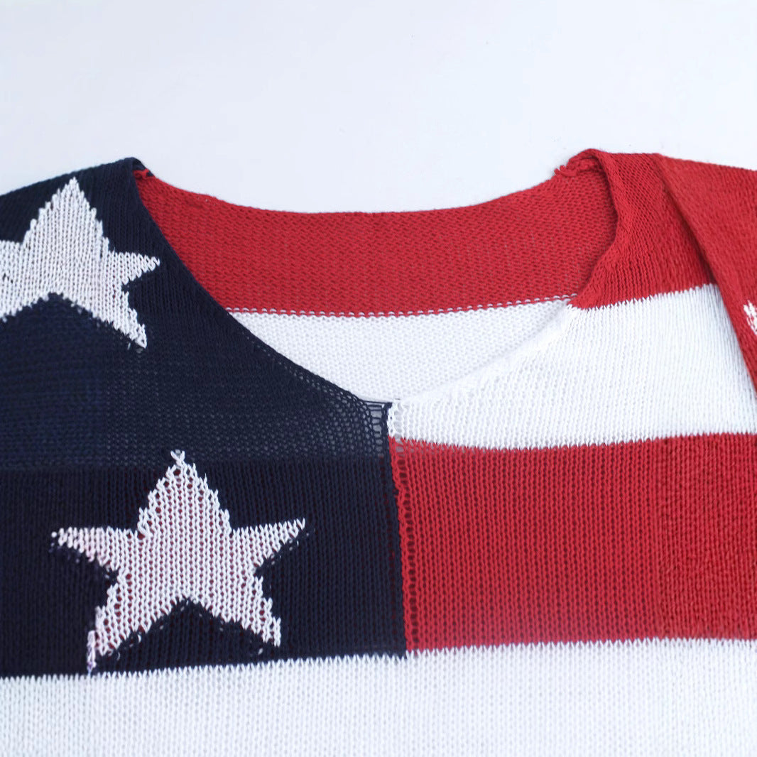 American Flag V-Neck Sweater Women Patriotic Knit Top