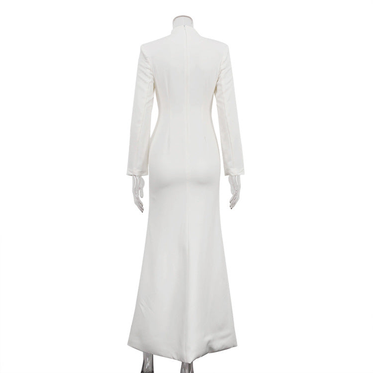 V-Neck Long Sleeve Button Front Slit Bodycon Maxi Dress