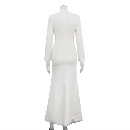 V-Neck Long Sleeve Button Front Slit Bodycon Maxi Dress