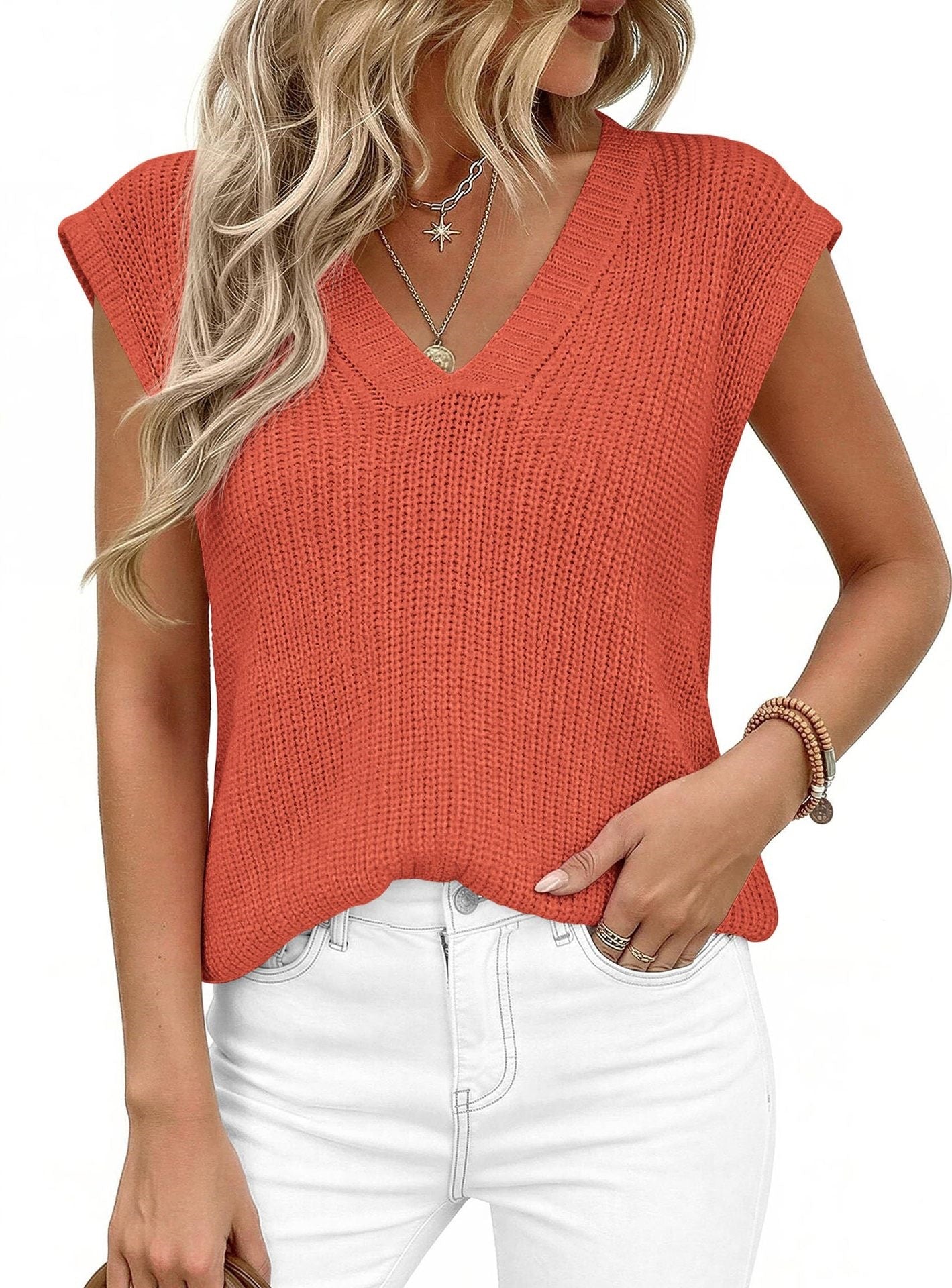 V Neck Knit Sweater Vest Sleeveless Loose Summer Top