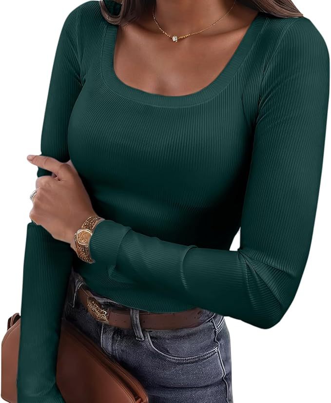 Women's Ribbed Fitted Long Sleeve Scoop Neck Stretch Top
