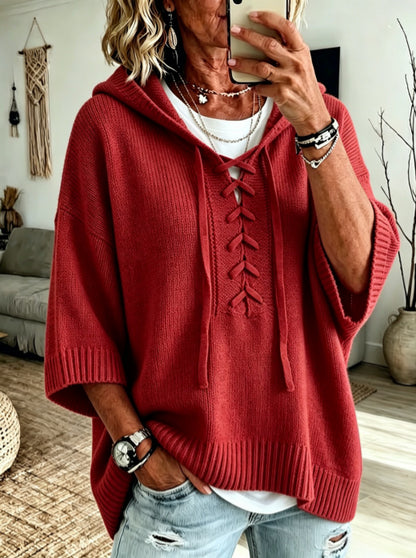 Womens Oversized Hooded Sweater Lace-Up 3/4 Sleeve Pullover